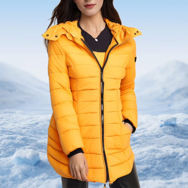 Winter women's mid-length padded jacket warm solid color hooded jacket