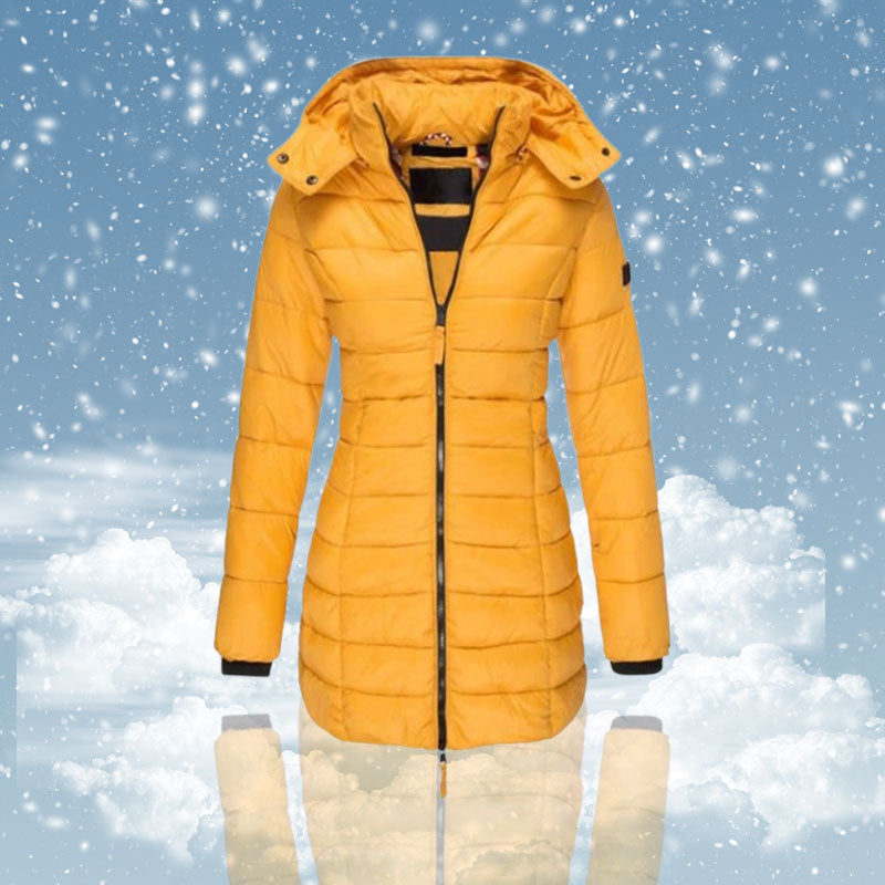 Winter women's mid-length padded jacket warm solid color hooded jacket