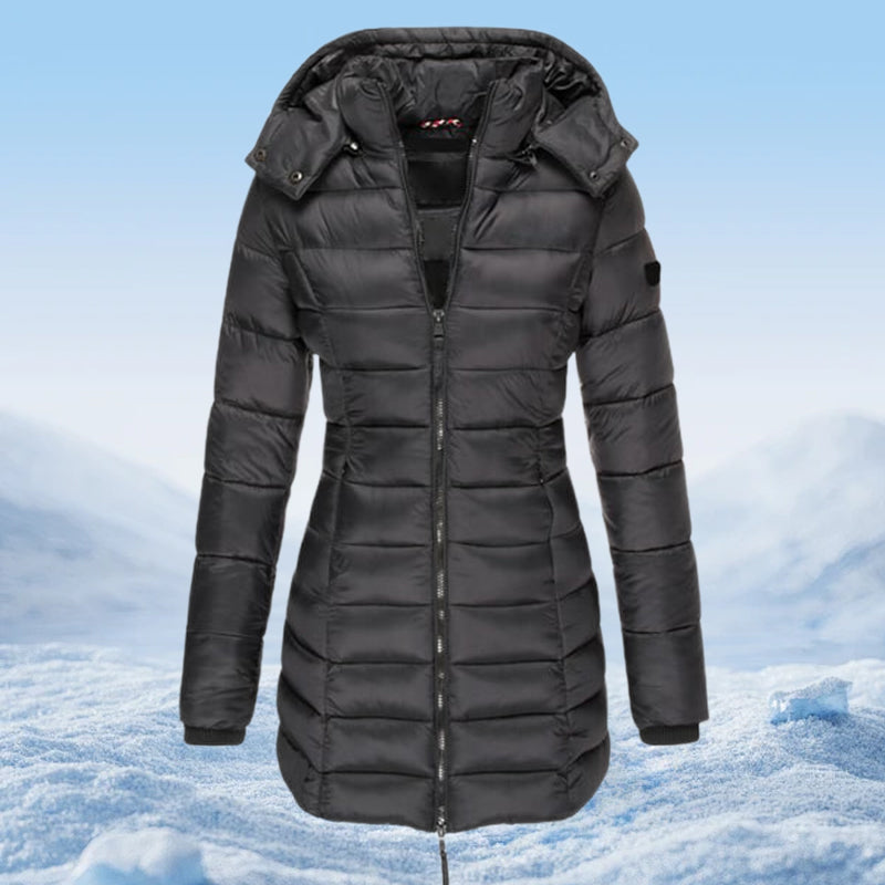 Winter women's mid-length padded jacket warm solid color hooded jacket